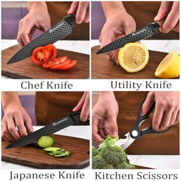 Kitchen Knife Set, Retrosohoo 6-Pieces Black Sharp Knife Set for Kitchen, Non-stick Non-slip Stainless Steel Chef Knife Set with Universal Knife Block Suitable for Home Restaurant(Wood Grain)
