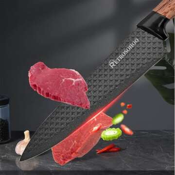 Kitchen Knife Set, Retrosohoo 6-Pieces Black Sharp Knife Set for Kitchen, Non-stick Non-slip Stainless Steel Chef Knife Set with Universal Knife Block Suitable for Home Restaurant(Wood Grain)