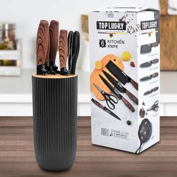 Kitchen Knife Set, Retrosohoo 6-Pieces Black Sharp Knife Set for Kitchen, Non-stick Non-slip Stainless Steel Chef Knife Set with Universal Knife Block Suitable for Home Restaurant(Wood Grain)