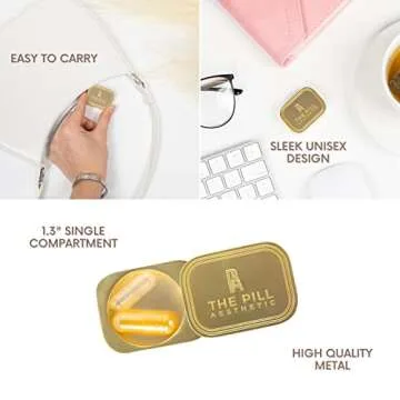 Gold Aesthetic Metal Pill Case Social Media Approved- for Home, Work, Nightstand, Travel, Diaper Bag, Vitamins, Medications, Bloat Pills, Probiotics, Melatonin, Small Daily Pill Case, Unisex
