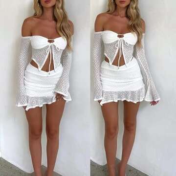 Women Vintage Print Two Piece Skirt Set Y2K Off Shoulder Tube Top Slim Fit Crop Camis Mini Skirts Night Party Outfit Set(A- White,S)