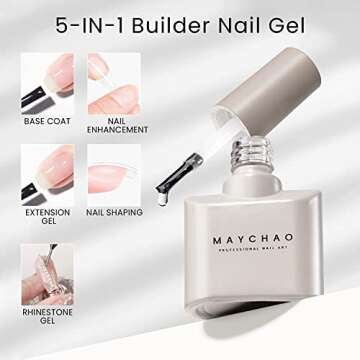 MAYCHAO 15ML Builder Nail Gel 5 in 1 Clear Builder Strengthener Gel Nail Polish for Nail Extension, Hard Gel Builder Base Gel Rhinestone for Valtines Home Manicure, 0.5 OZ