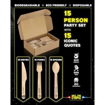 Party Supplies “May The Forks Be with You” | Disposable Wooden Cutlery Set - 45 PCS SW Birthday Party Favors, Decorations, Gifts for Kids and Adults - 15x Forks, Spoons, Knives