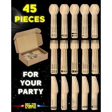 Party Supplies “May The Forks Be with You” | Disposable Wooden Cutlery Set - 45 PCS SW Birthday Party Favors, Decorations, Gifts for Kids and Adults - 15x Forks, Spoons, Knives