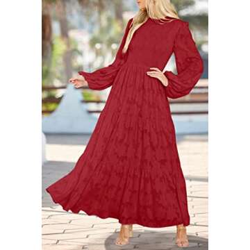 MITILLY Women's Elegant Floral Long Sleeve Round Neck Smocked A-Line Flowy Tiered Maxi Dress with Pockets Medium Red