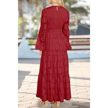 MITILLY Women's Elegant Floral Long Sleeve Round Neck Smocked A-Line Flowy Tiered Maxi Dress with Pockets Medium Red