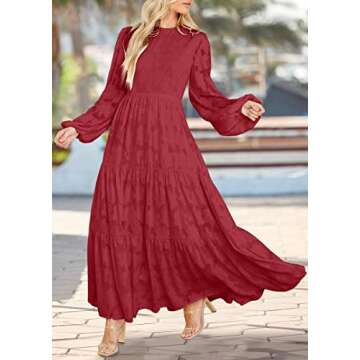 MITILLY Women's Elegant Floral Long Sleeve Round Neck Smocked A-Line Flowy Tiered Maxi Dress with Pockets Medium Red