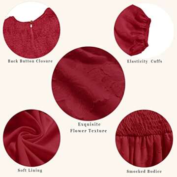 MITILLY Women's Elegant Floral Long Sleeve Round Neck Smocked A-Line Flowy Tiered Maxi Dress with Pockets Medium Red