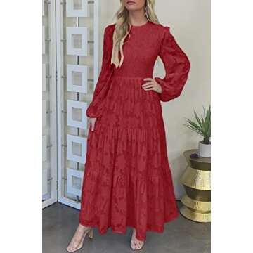 MITILLY Women's Elegant Floral Long Sleeve Round Neck Smocked A-Line Flowy Tiered Maxi Dress with Pockets Medium Red