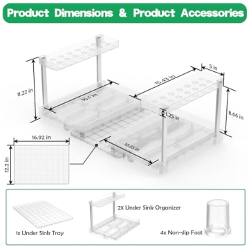 HzTinT Under Sink Organizer 2 Pack with Tray - Clear White