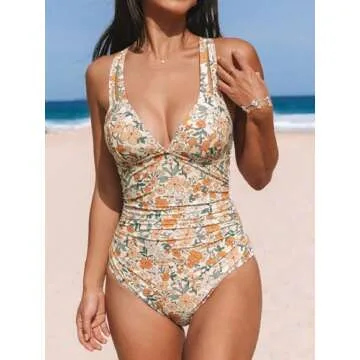 CUPSHE Women's One Piece Swimsuit Tummy Control Deep V Neck Double Straps Crisscross Back Tie Bathing Suit