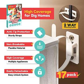 17 XXL-Pack Furniture Anchors for Wall – Furniture Anchors for Baby Proofing – Flexible Furniture Safety Straps - Secure Earthquake Resistant Anti Tip Kit – Dresser Wall Safety Anchor Bracket for Kids