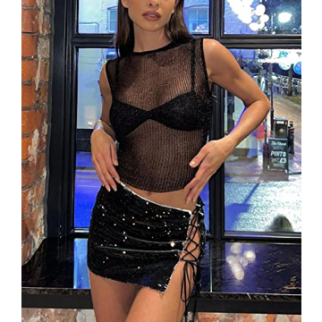 Women's Strapless Crochet Bandeau Knit Tube Top Slim Crop Corset Cami Sexy Sleeveless Tank Tops Sheer Hollow Out T-Shirt Vest