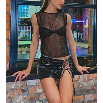 Women's Strapless Crochet Bandeau Knit Tube Top Slim Crop Corset Cami Sexy Sleeveless Tank Tops Sheer Hollow Out T-Shirt Vest