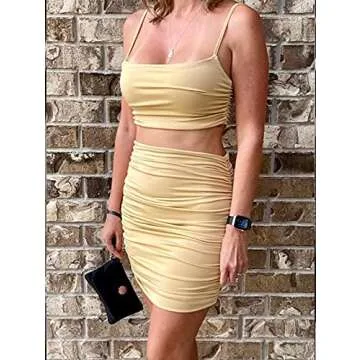 BEAGIMEG Women's Ruched Cami Crop Top Bodycon Skirt 2 Piece Outfits Dress Khaki