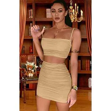 BEAGIMEG Women's Ruched Cami Crop Top Bodycon Skirt 2 Piece Outfits Dress Khaki