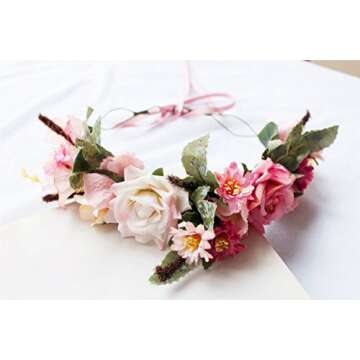 Handmade Adjustable Flower Wreath Headband Halo, A-(Pink-Apricot), Size One Size