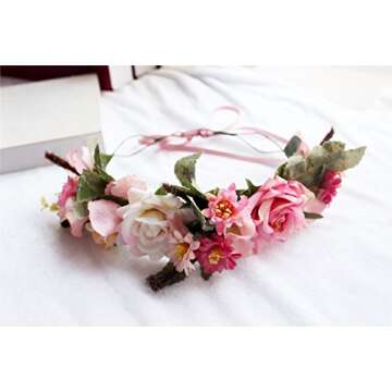 Handmade Adjustable Flower Wreath Headband Halo, A-(Pink-Apricot), Size One Size