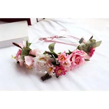 Handmade Adjustable Flower Wreath Headband Halo, A-(Pink-Apricot), Size One Size