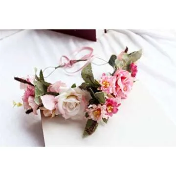 Handmade Adjustable Flower Wreath Headband Halo, A-(Pink-Apricot), Size One Size