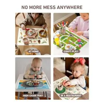 Babebay Disposable Placemats for Baby, 60 Pack Sticky Toddler Placemat for Restaurants, Dining Table, Party, Travel, 12" x 18" with 3 Designs