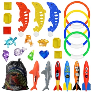 Jasonwell Pool Diving Toys Games - 25PCS Swimming Pool Toys with Dive Sticks and Rings Underwater Tr...