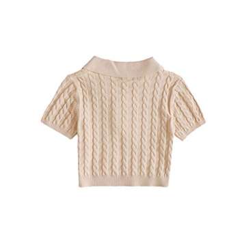 Verdusa Women's Button Front Short Sleeve Cable Knit Crop Top Pullover Sweater Apricot L