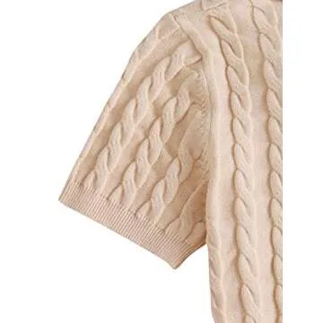 Verdusa Women's Button Front Short Sleeve Cable Knit Crop Top Pullover Sweater Apricot L