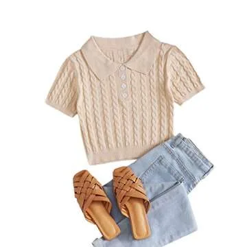 Verdusa Women's Button Front Short Sleeve Cable Knit Crop Top Pullover Sweater Apricot L