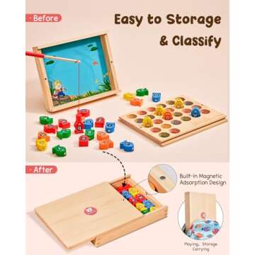 Wooden Magnetic Fishing Game for Toddlers, Alphabet Educational Color Sorting Games, Fine Motor Skil...