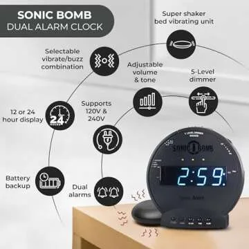 Sonic Alert Sonic Bomb Dual Alarm Clock with Bed Shaker, Black Vibrating Alarm Clock Heavy Sleepers, Battery Backup | Wake with a Shake