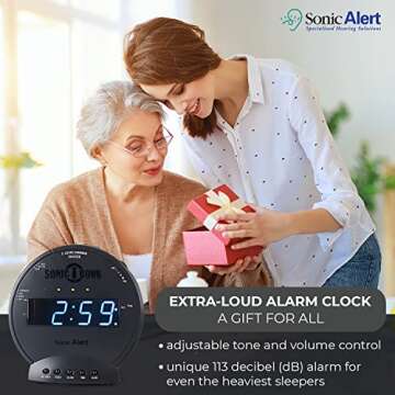 Sonic Alert Sonic Bomb Dual Alarm Clock with Bed Shaker, Black Vibrating Alarm Clock Heavy Sleepers, Battery Backup | Wake with a Shake