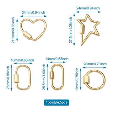 Fashewelry 5Pcs Mixed Screw Keychain Carabiner Lock Clasps Real 18K Gold Plated Screw Locking Hook Closure Buckle for Necklace Bracelet Making Mini Dangling Charms Pendant Keyrings Handbag Decor