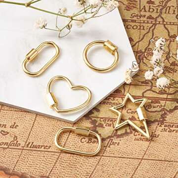 Fashewelry 5Pcs Mixed Screw Keychain Carabiner Lock Clasps Real 18K Gold Plated Screw Locking Hook Closure Buckle for Necklace Bracelet Making Mini Dangling Charms Pendant Keyrings Handbag Decor