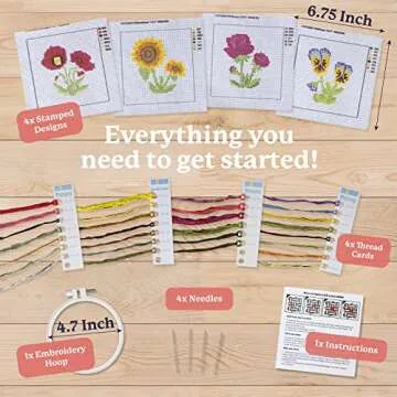 Kraftex Cross Stitch Kits for Beginners (Flower Theme - 6.75 Inch - 4 Pack 1 x Embroidery Hoop) DIY ...