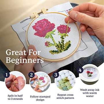 Kraftex Cross Stitch Kits for Beginners (Flower Theme - 6.75 Inch - 4 Pack 1 x Embroidery Hoop) DIY Embroidery Needlepoint Patterns for Adults, Includes Poppy, Rose, Sunflower and Pansy.