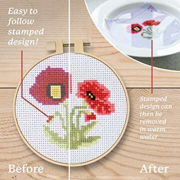 Kraftex Cross Stitch Kits for Beginners (Flower Theme - 6.75 Inch - 4 Pack 1 x Embroidery Hoop) DIY Embroidery Needlepoint Patterns for Adults, Includes Poppy, Rose, Sunflower and Pansy.
