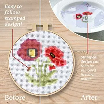 Kraftex Cross Stitch Kits for Beginners (Flower Theme - 6.75 Inch - 4 Pack 1 x Embroidery Hoop) DIY Embroidery Needlepoint Patterns for Adults, Includes Poppy, Rose, Sunflower and Pansy.