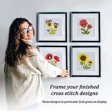 Kraftex Cross Stitch Kits for Beginners (Flower Theme - 6.75 Inch - 4 Pack 1 x Embroidery Hoop) DIY Embroidery Needlepoint Patterns for Adults, Includes Poppy, Rose, Sunflower and Pansy.