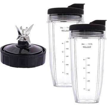 Revorit Blender Replacement Parts for Ninja, 2 24oz Cups with To-Go Lids, 7 Fins Extractor Blade, for Nutri Ninja Auto iQ BN801 BL480-30 BL640-30 BL642-30 NN100-30 BL2012 (2 Pack)