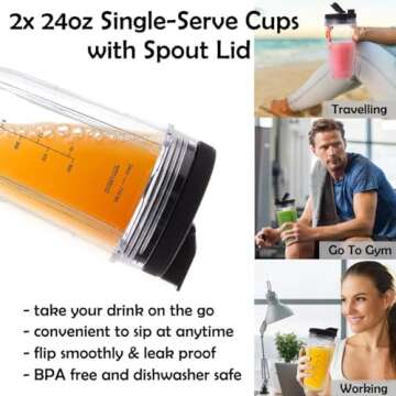 Revorit Blender Replacement Parts for Ninja, 2 24oz Cups with To-Go Lids, 7 Fins Extractor Blade, for Nutri Ninja Auto iQ BN801 BL480-30 BL640-30 BL642-30 NN100-30 BL2012 (2 Pack)