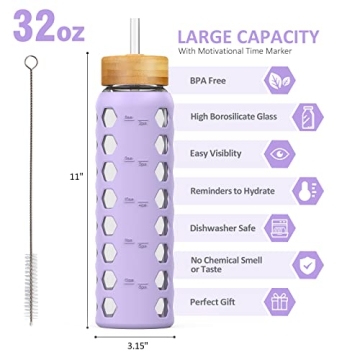 MUKOKO 32oz Glass Water Bottle with 2 Lids and Sleeve