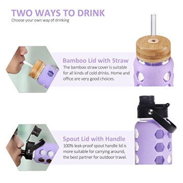 MUKOKO 32oz Glass Water Bottle with 2 Lids and Sleeve