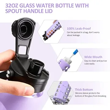 MUKOKO 32oz Glass Water Bottle with 2 Lids and Sleeve