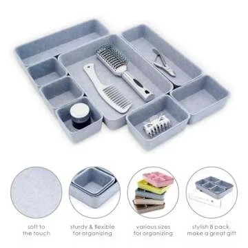Welaxy Desk Drawer organizers tray Felt storage bins home office Draw dividers Nordic Lifestyle simple sleek minimalist living 8-Piece holiday unique gifts idea (Glacier gray)