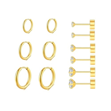 Stylish 316L Stainless Steel Gold Hoop & Flat Back Earrings Set - Hypoallergenic for All