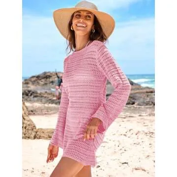 Caracilia Swimsuit Coverup for Women Summer Bathing Suit Swimwear Crochet Swim Cover Up Bikini Beach Dress Vacation Outfits Pink Large