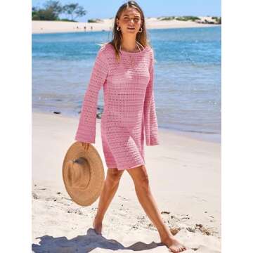 Caracilia Swimsuit Coverup for Women Summer Bathing Suit Swimwear Crochet Swim Cover Up Bikini Beach Dress Vacation Outfits Pink Large