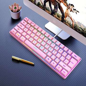 Snpurdiri 60% Wired Gaming Keyboard,RGB Backlit Ultra-Compact Waterproof Mini 61 Keys Keyboard, for PC/Mac Gamer, Typist, Travel, Easy to Carry on Business Trip(Pink)