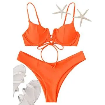 SweatyRocks Women's Sexy Bathing Suits Spaghetti Strap Floral Bikini Set Underwire Swimsuit Orange M